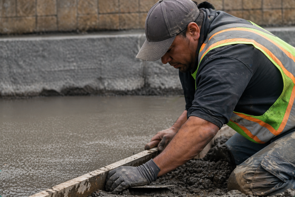Concrete worker finishing edge of sidewalk in Boise Idaho